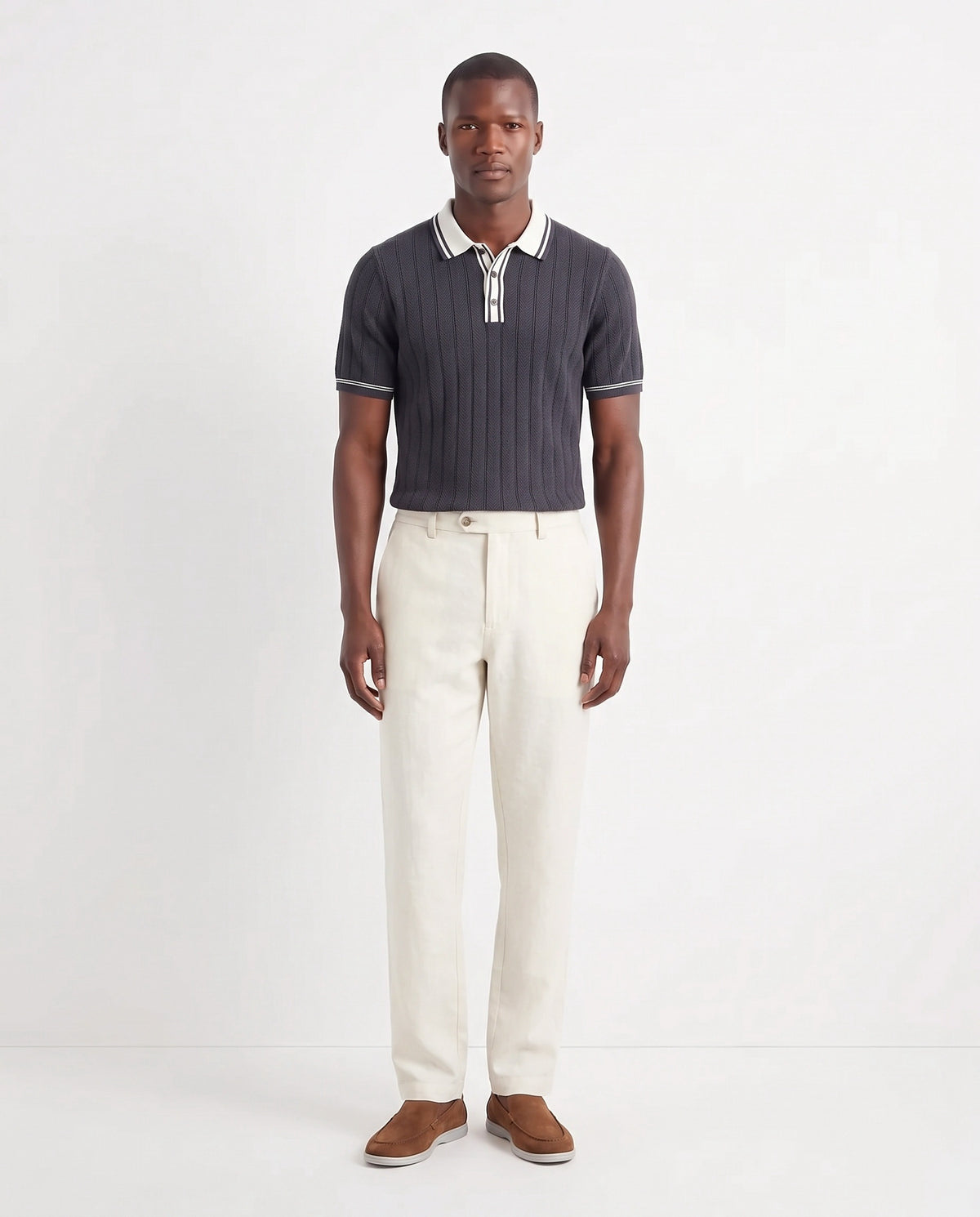 Terra Loafer — Tobacco, Light Grey Sole — full look on the model, worn with Tipped Knit Polo — Charcoal and Linen Trouser, Button Waist — Cream