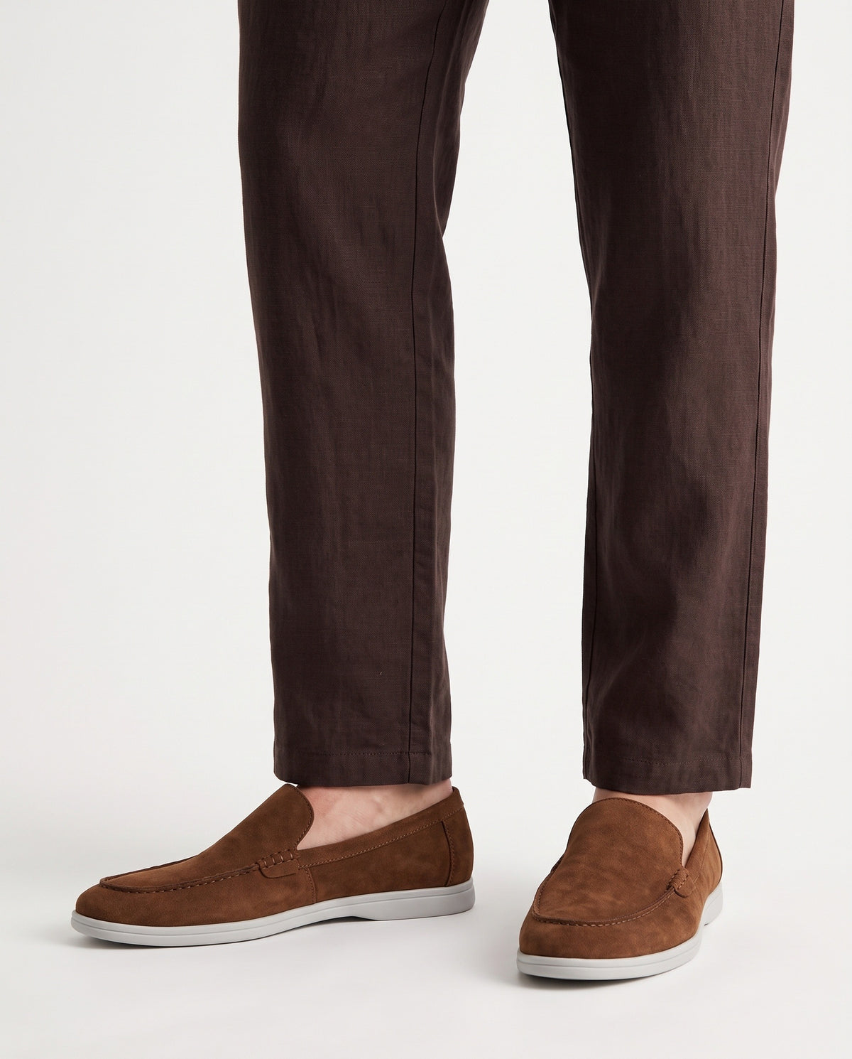 Terra Loafer — Tobacco, Light Grey Sole — on foot, close-up, worn with Textured Knit Polo — Cream and Linen Trouser, Button Waist — Dark Brown
