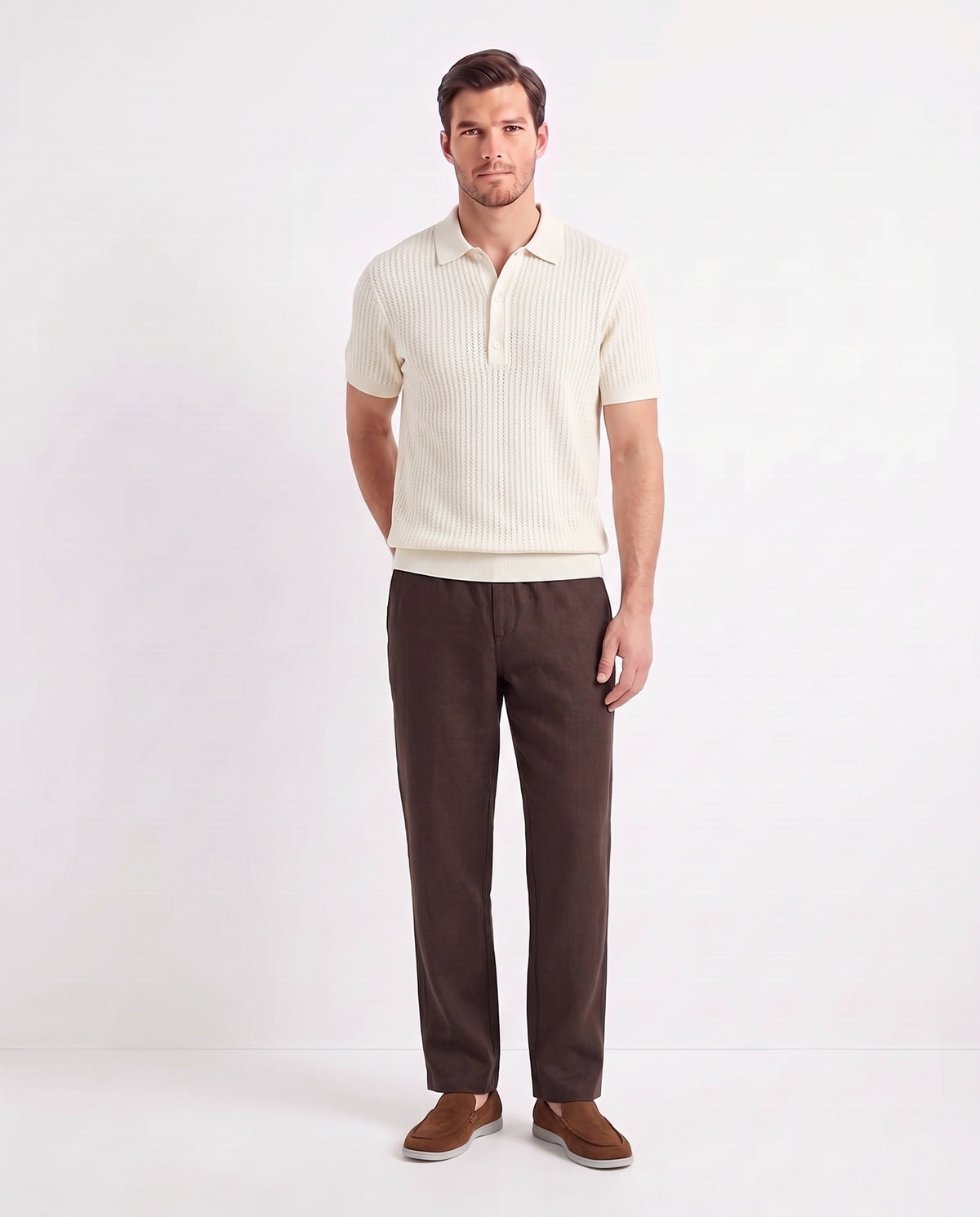 Terra Loafer — Tobacco, Light Grey Sole — full look on the model, worn with Textured Knit Polo — Cream and Linen Trouser, Button Waist — Dark Brown