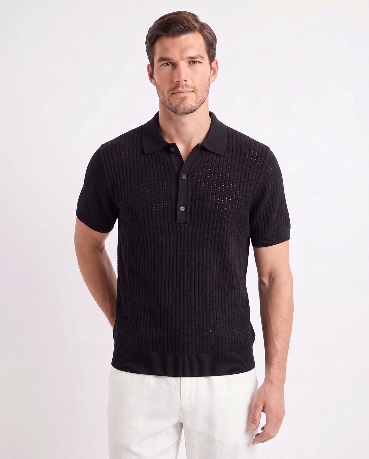 Textured Knit Polo — Black — close-up on the model, worn with Linen Trouser, Drawstring — White and Dune Mule — Cocoa