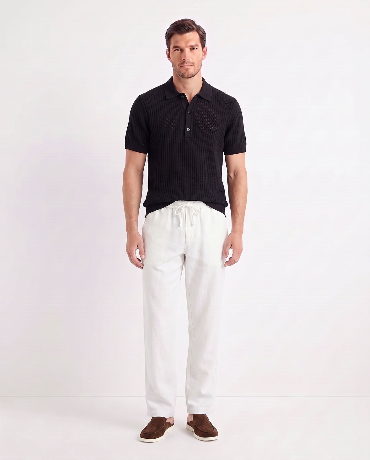 Textured Knit Polo — Black — full look on the model, worn with Linen Trouser, Drawstring — White and Dune Mule — Cocoa