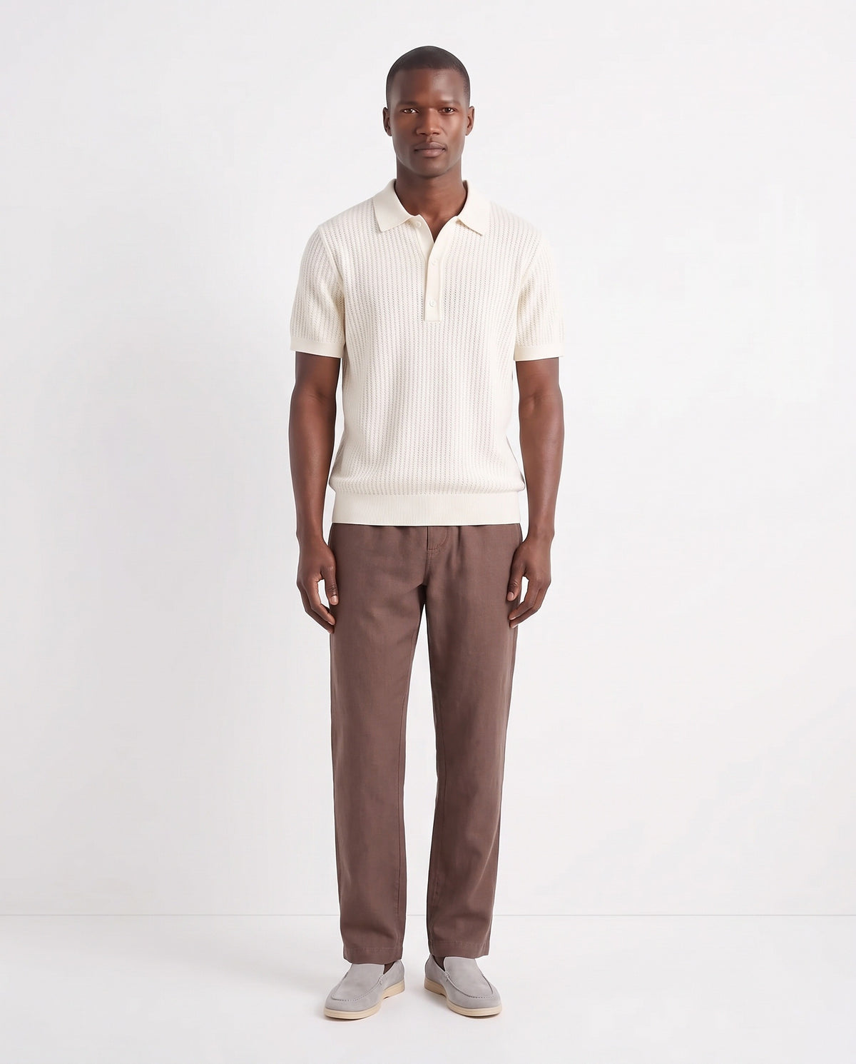 Textured Knit Polo — Cream — full look on the model, worn with Linen Trouser, Drawstring — Brown and Terra Loafer — Stone Grey, Beige Sole