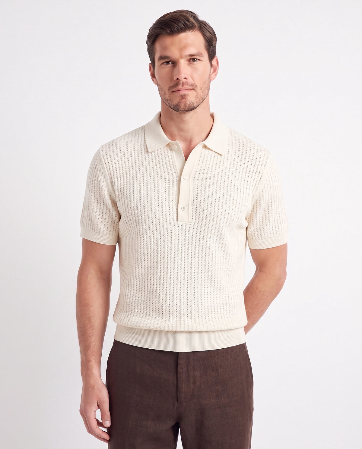 Textured Knit Polo — Cream — close-up on the model, worn with Linen Trouser, Button Waist — Dark Brown and Terra Loafer — Cream, Beige Sole