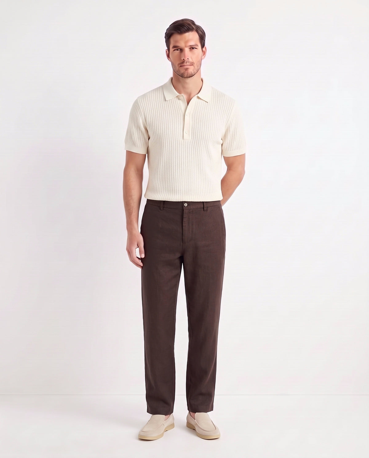 Textured Knit Polo — Cream — full look on the model, worn with Linen Trouser, Button Waist — Dark Brown and Terra Loafer — Cream, Beige Sole