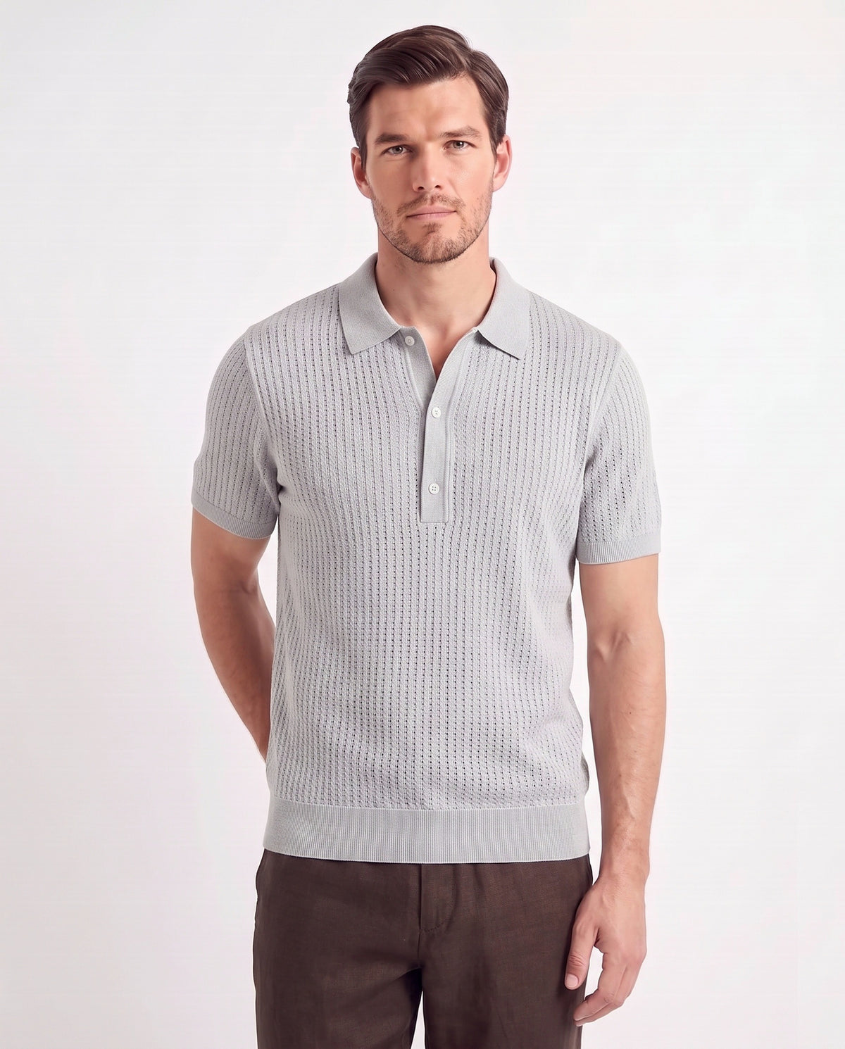 Textured Knit Polo — Light Grey — close-up on the model, worn with Linen Trouser, Button Waist — Dark Brown and Terra Loafer — Black Suede, Black Sole