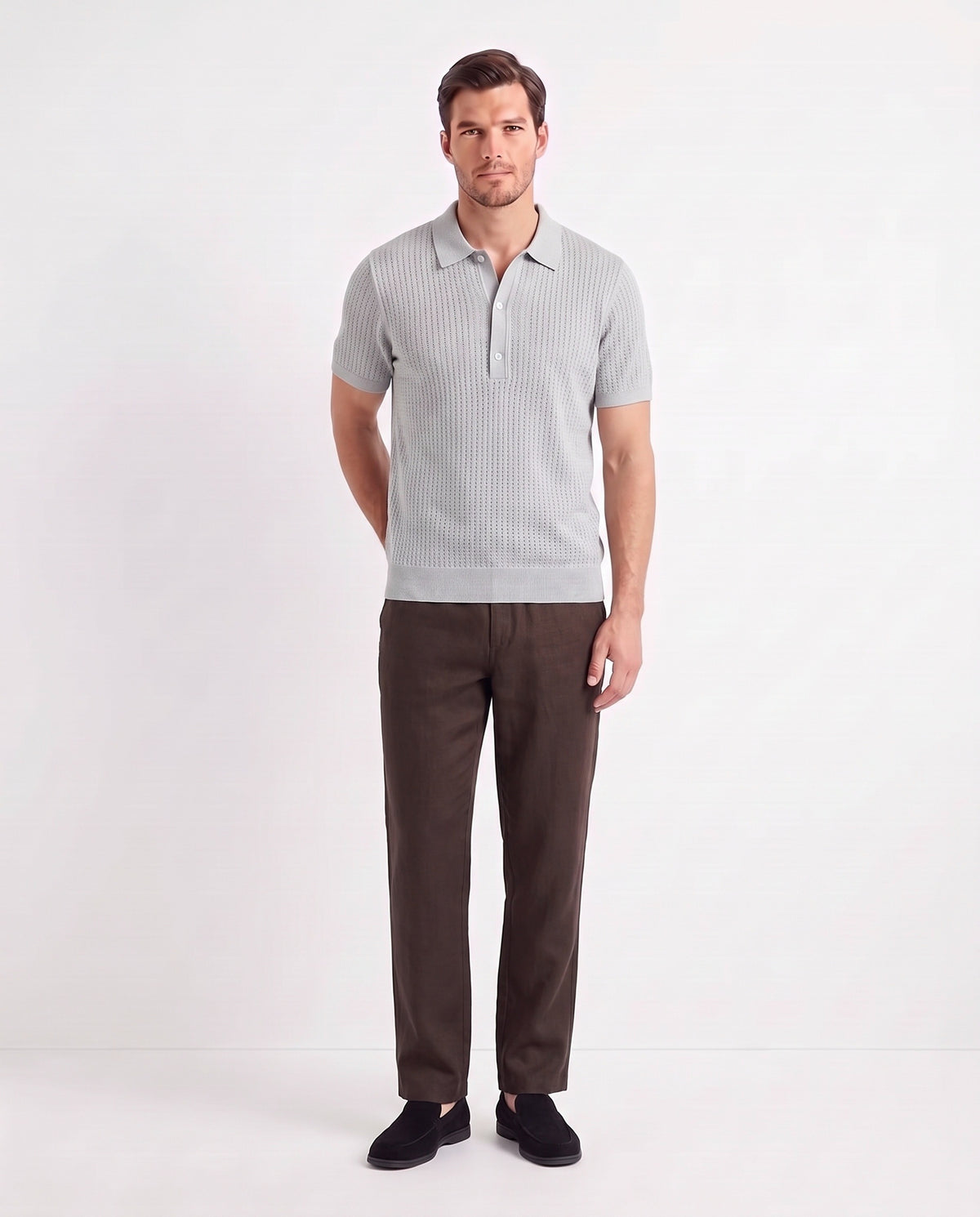 Textured Knit Polo — Light Grey — full look on the model, worn with Linen Trouser, Button Waist — Dark Brown and Terra Loafer — Black Suede, Black Sole