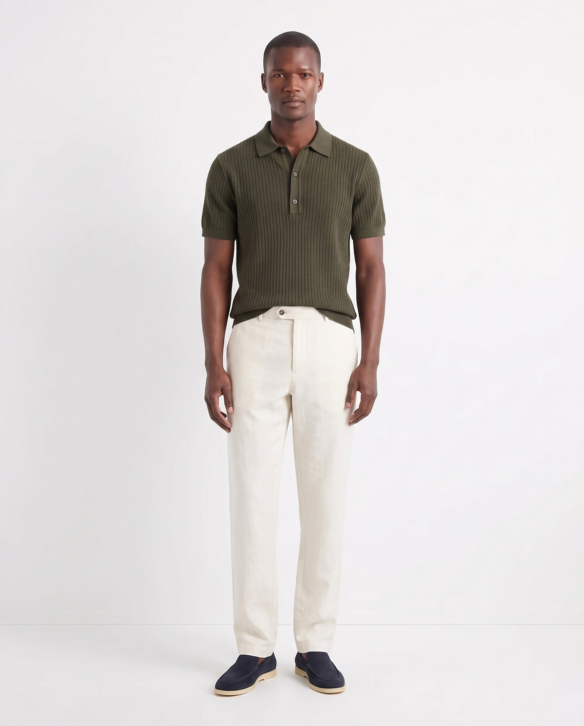 Textured Knit Polo — Dark Olive — full look on the model, worn with Linen Trouser, Button Waist — Cream and Terra Loafer — Navy Suede, Beige Sole