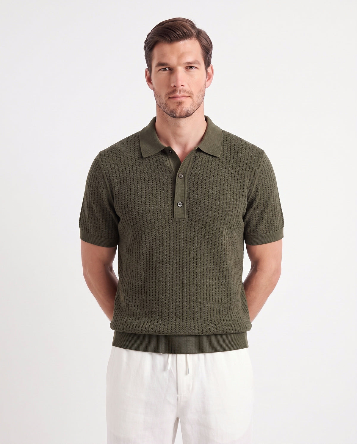 Textured Knit Polo — Dark Olive — close-up on the model, worn with Linen Trouser, Drawstring — White and Terra Loafer — Dark Brown, Beige Sole