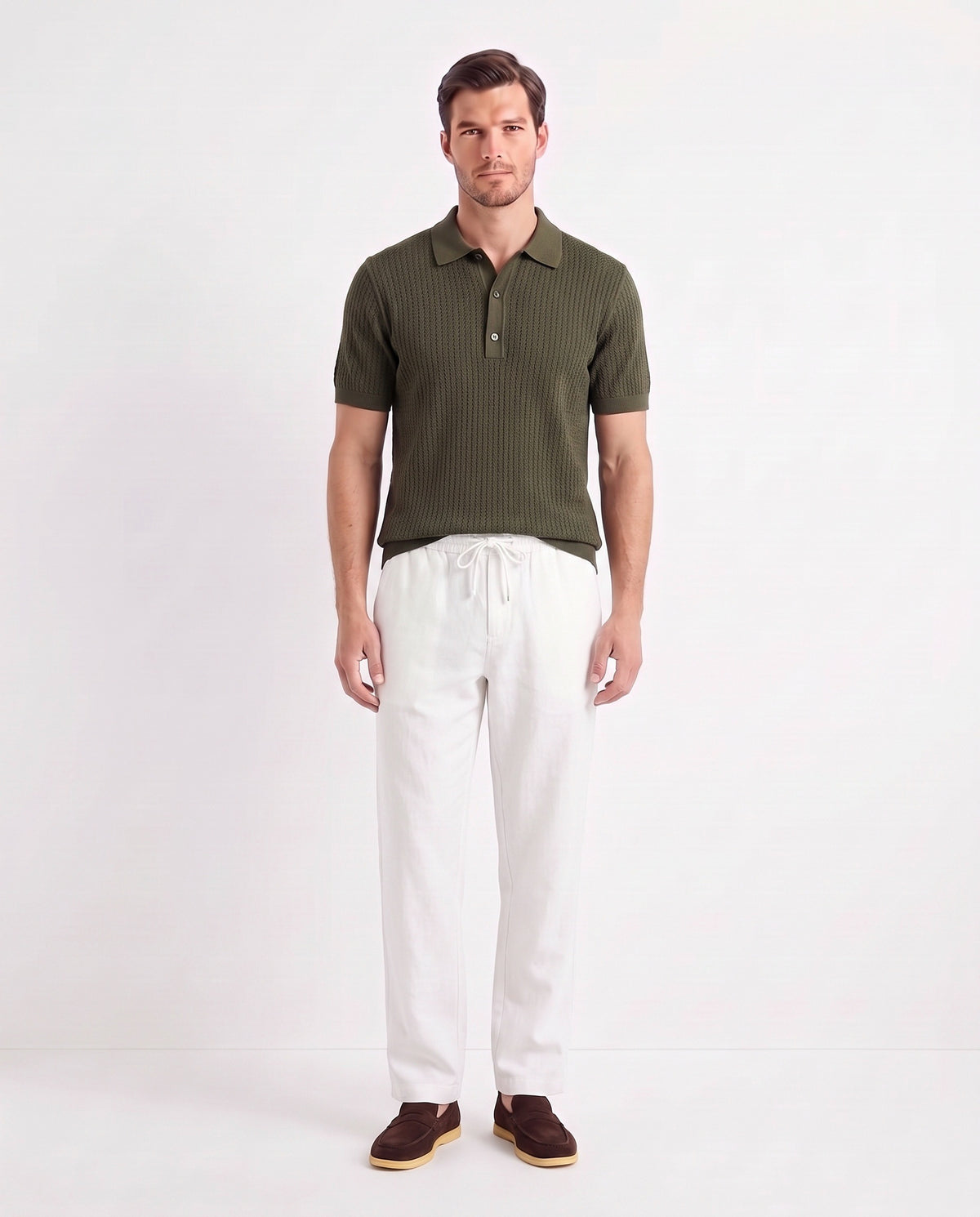 Textured Knit Polo — Dark Olive — full look on the model, worn with Linen Trouser, Drawstring — White and Terra Loafer — Dark Brown, Beige Sole