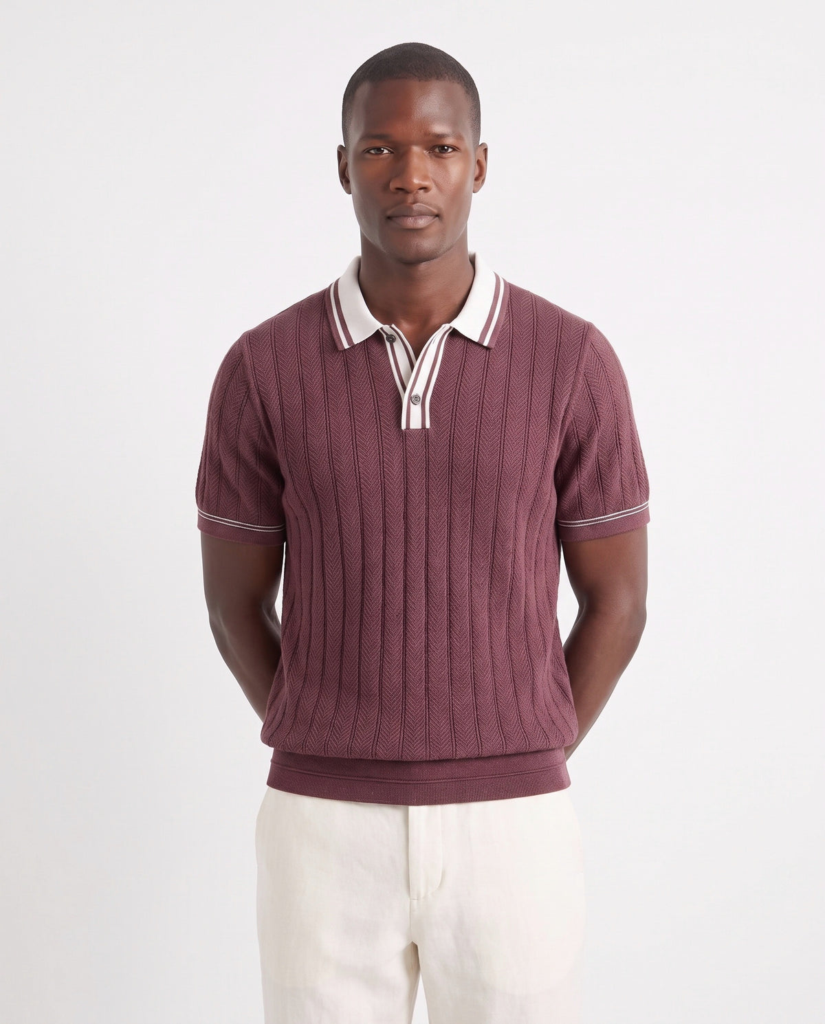 Tipped Knit Polo — Burgundy — close-up on the model, worn with Linen Trouser, Button Waist — Cream and Terra Loafer — Tobacco, Beige Sole