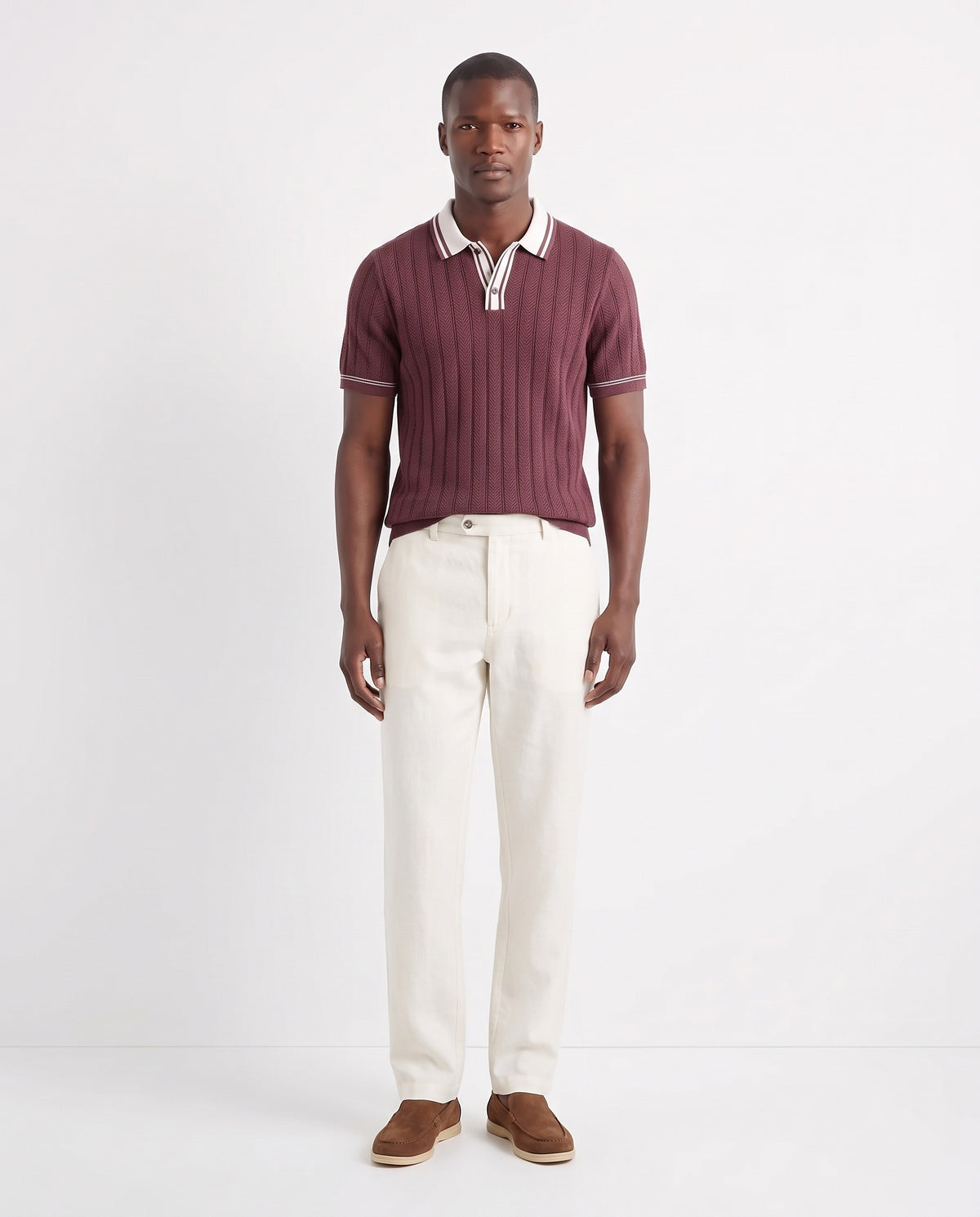 Tipped Knit Polo — Burgundy — full look on the model, worn with Linen Trouser, Button Waist — Cream and Terra Loafer — Tobacco, Beige Sole