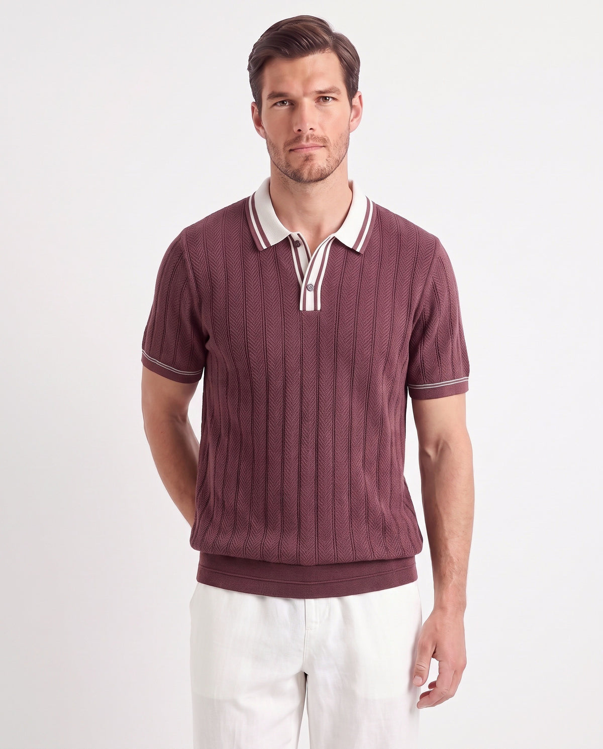 Tipped Knit Polo — Burgundy — close-up on the model, worn with Linen Trouser, Drawstring — White and Dune Mule — Cocoa