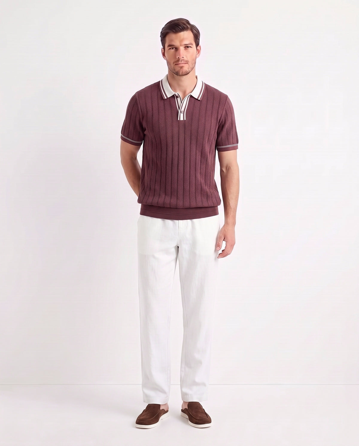 Tipped Knit Polo — Burgundy — full look on the model, worn with Linen Trouser, Drawstring — White and Dune Mule — Cocoa