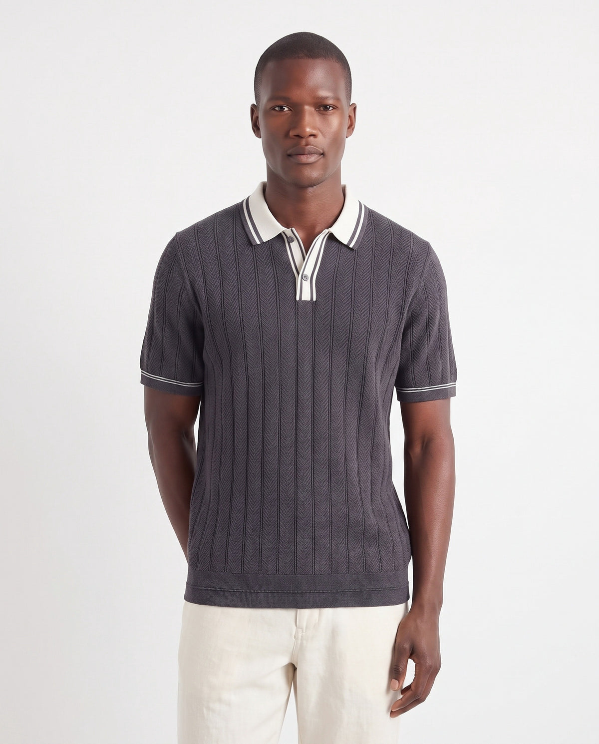 Tipped Knit Polo — Charcoal — close-up on the model, worn with Linen Trouser, Button Waist — Cream and Terra Loafer — Black Suede, Beige Sole