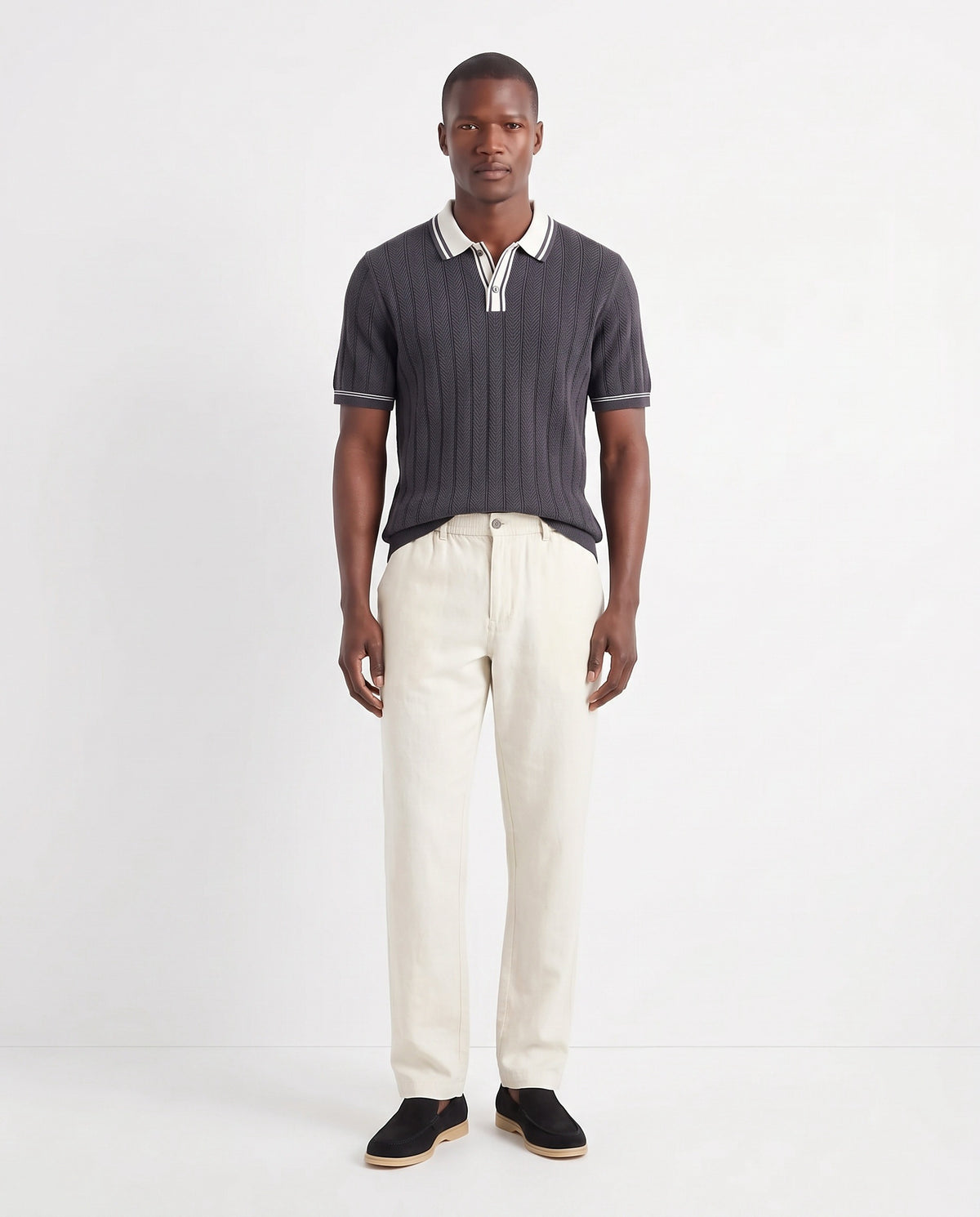 Tipped Knit Polo — Charcoal — full look on the model, worn with Linen Trouser, Button Waist — Cream and Terra Loafer — Black Suede, Beige Sole