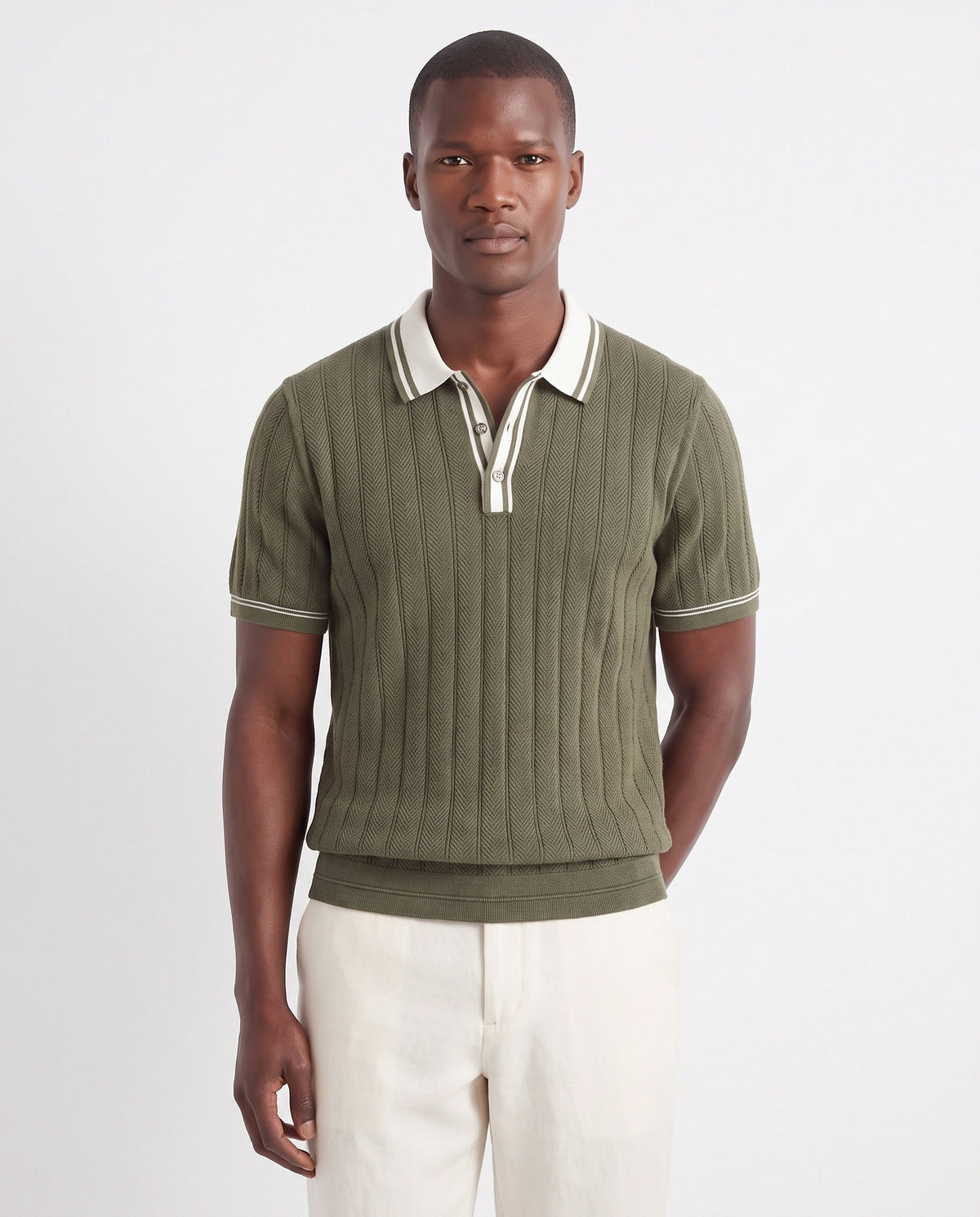 Tipped Knit Polo — Olive — close-up on the model, worn with Linen Trouser, Button Waist — Cream and Terra Loafer — Navy Suede, Beige Sole