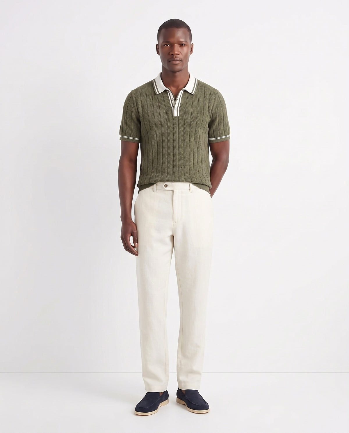 Tipped Knit Polo — Olive — full look on the model, worn with Linen Trouser, Button Waist — Cream and Terra Loafer — Navy Suede, Beige Sole