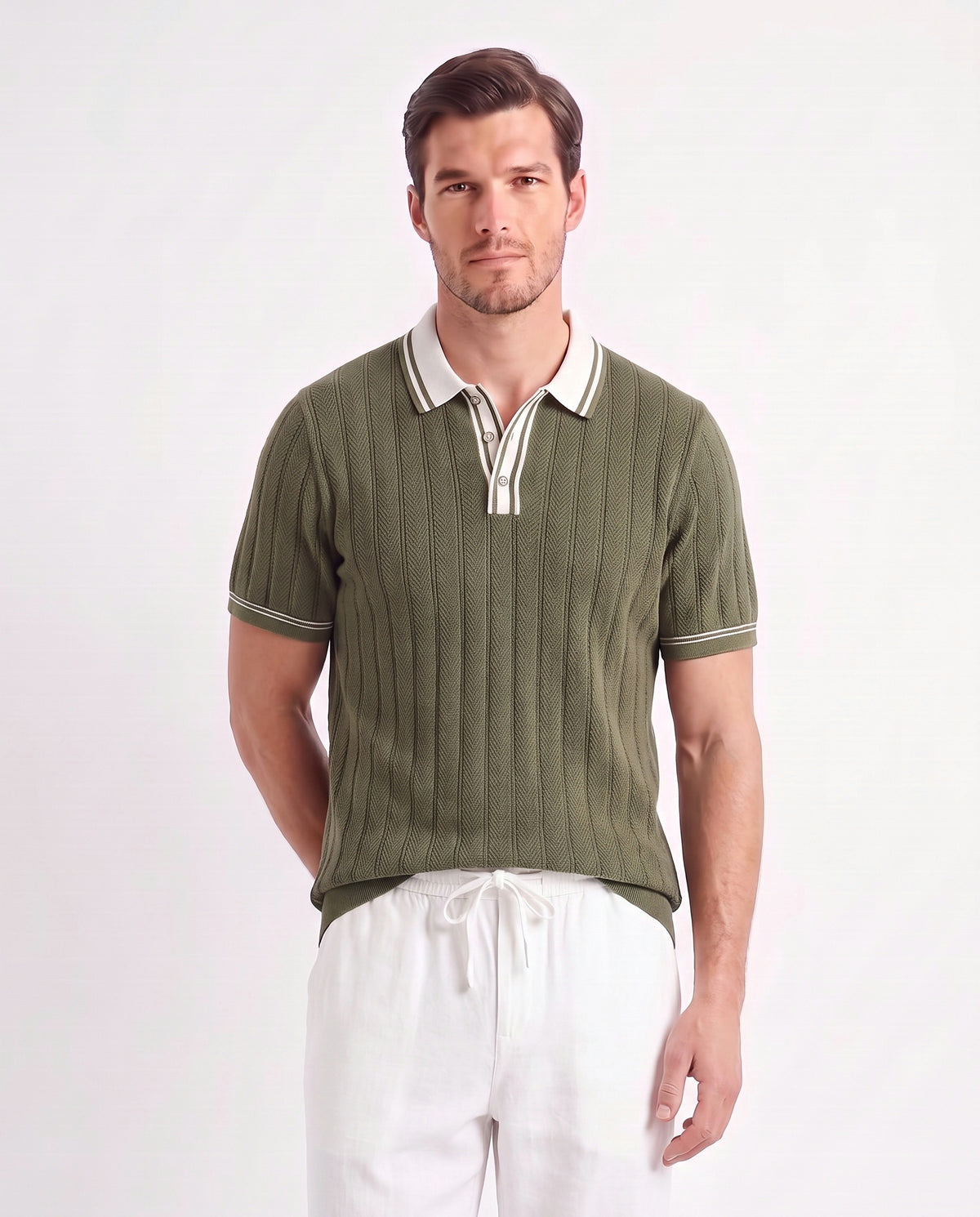 Tipped Knit Polo — Olive — close-up on the model, worn with Linen Trouser, Drawstring — White and Terra Loafer — Dark Brown, Beige Sole