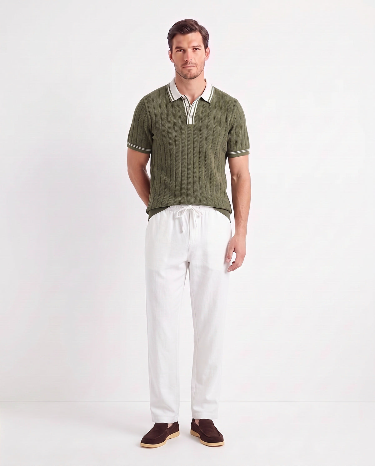 Tipped Knit Polo — Olive — full look on the model, worn with Linen Trouser, Drawstring — White and Terra Loafer — Dark Brown, Beige Sole