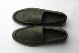 Belugga Terra Loafer in olive suede, pair viewed from above
