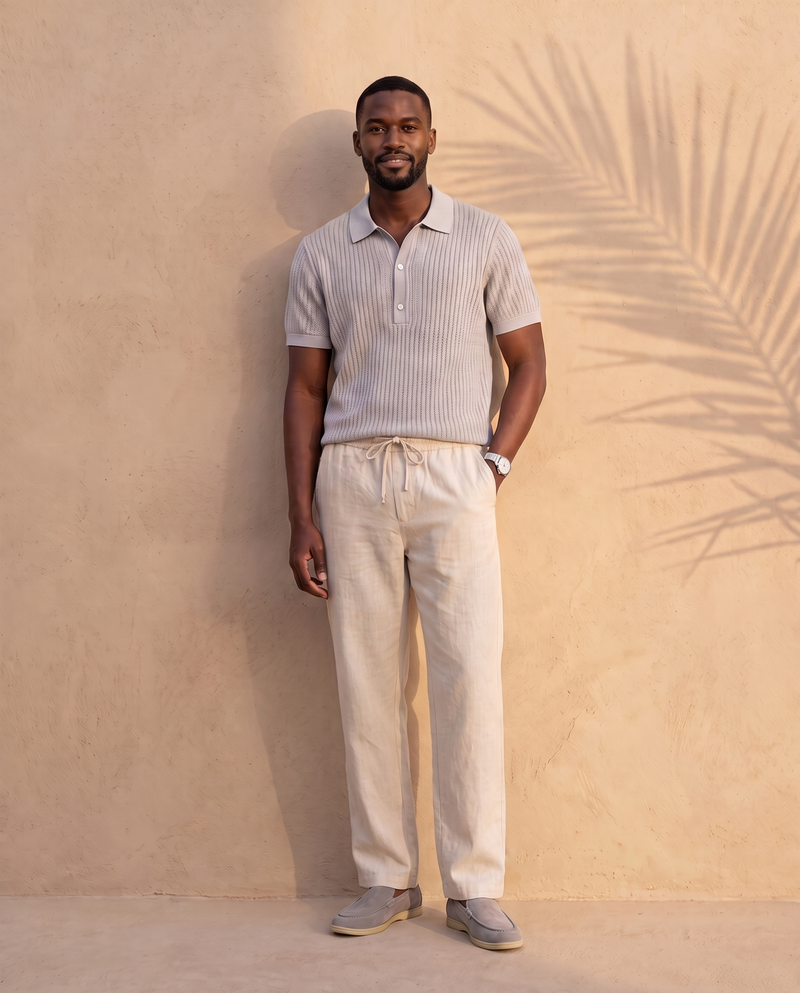 Belugga look: light grey textured knit polo, beige linen drawstring trouser, stone grey Terra loafer with beige sole