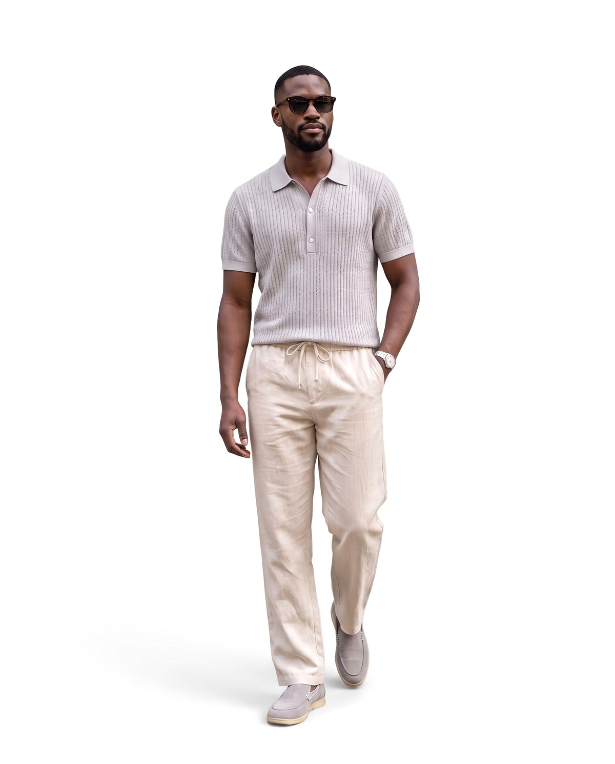 Belugga look: light grey knit polo, beige linen drawstring trouser, stone grey Terra loafer with beige sole