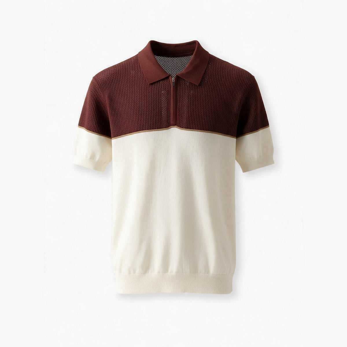 Belugga Colour-Block Knit Polo — Brown / Cream