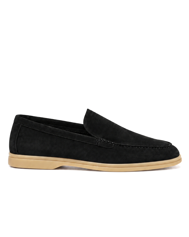 Belugga Terra Loafer in black suede with beige sole, side view
