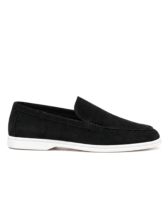 Belugga Terra Loafer in black suede with white sole, side view