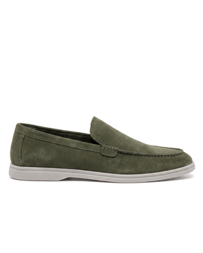 Belugga Terra Loafer in olive suede with light grey sole, side view
