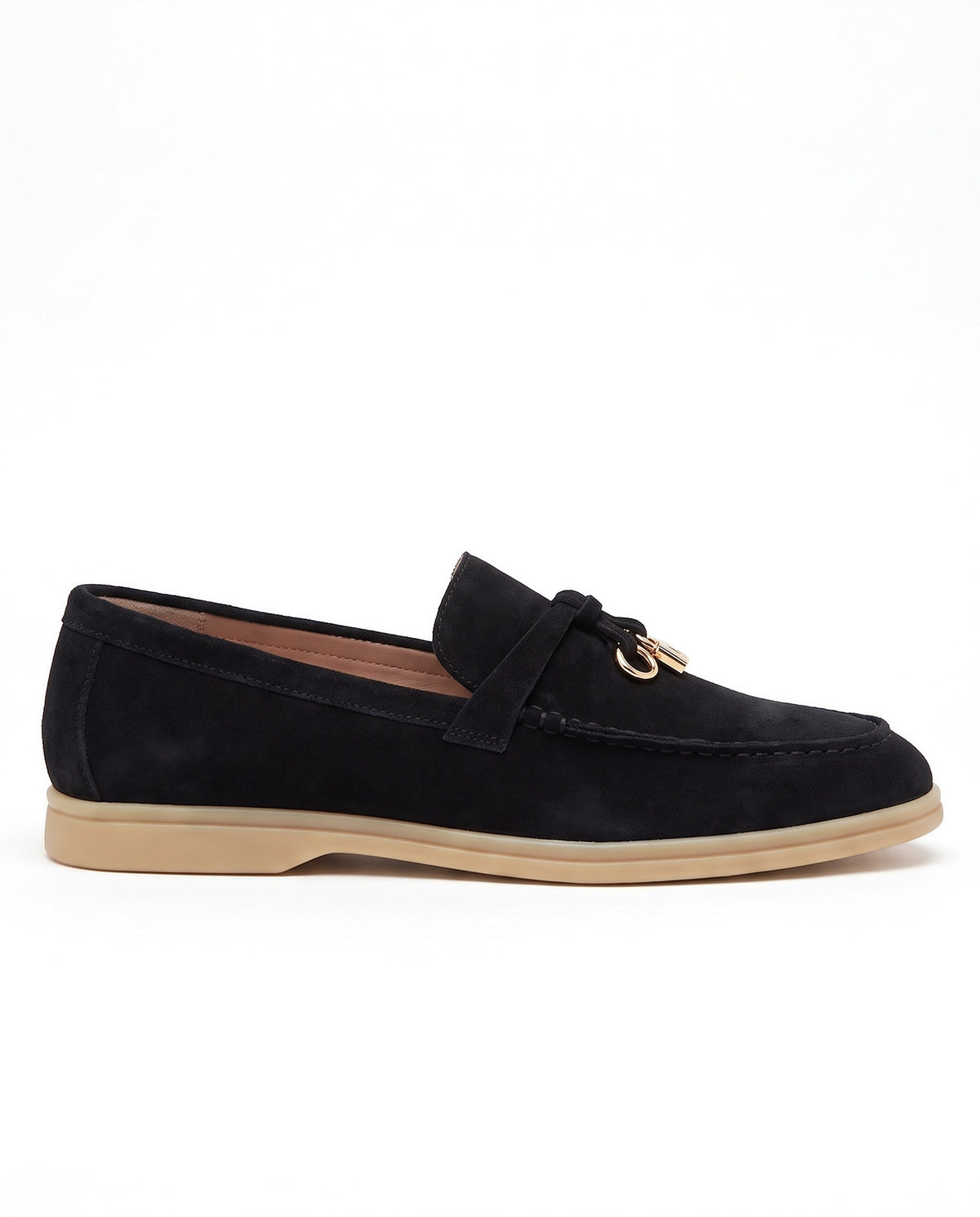Belugga women’s loafer in black suede, knotted strap with gold charm