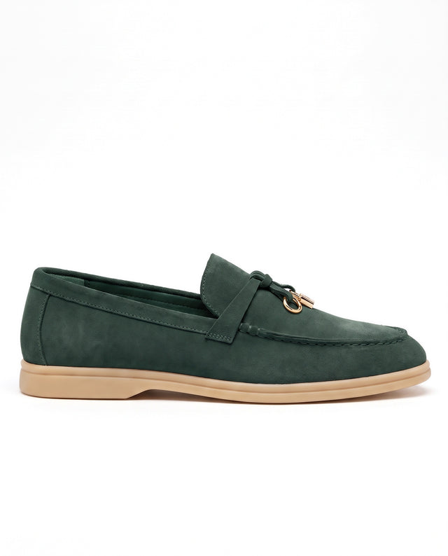 Belugga women’s loafer in forest green suede, knotted strap with gold charm