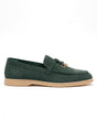 Belugga women’s loafer in forest green suede, knotted strap with gold charm