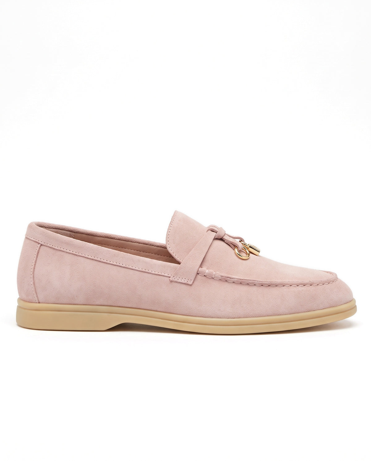Belugga women’s loafer in blush pink suede, knotted strap with gold charm