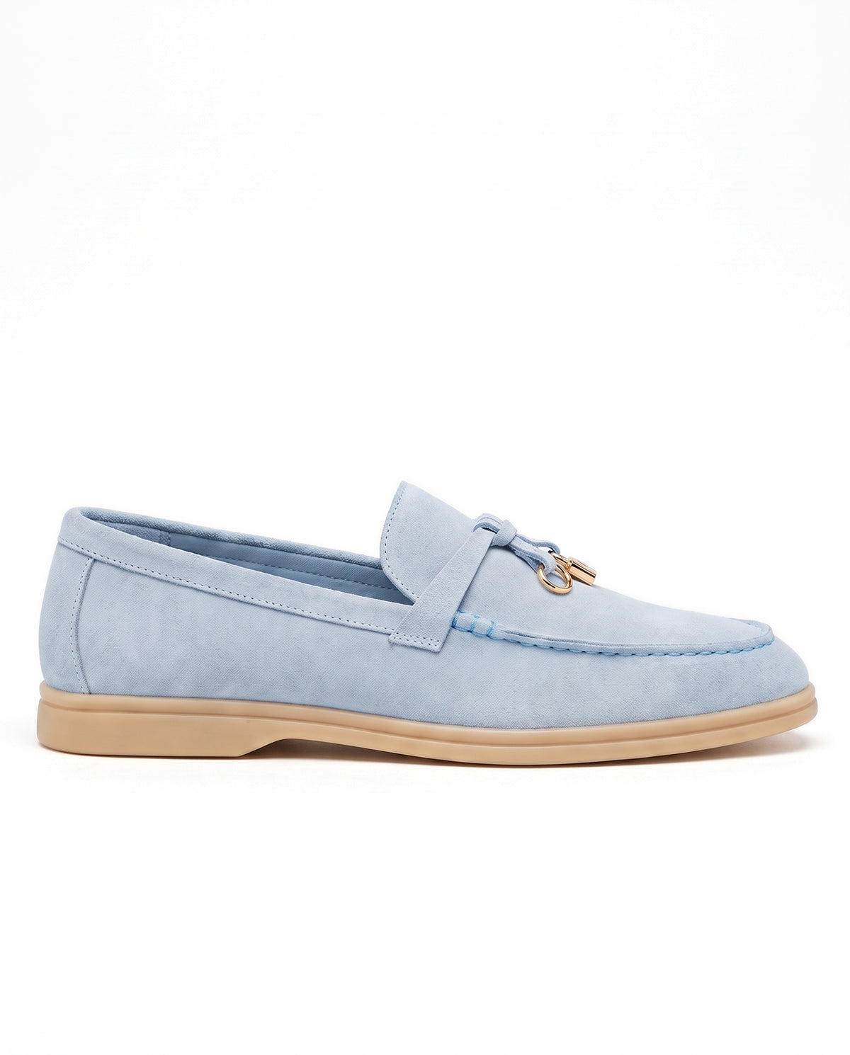Belugga women’s loafer in sky blue suede, knotted strap with gold charm