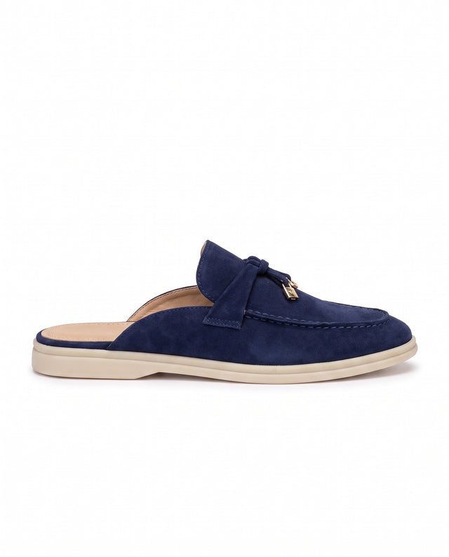 Belugga women’s mule in navy suede, knotted strap with gold charm