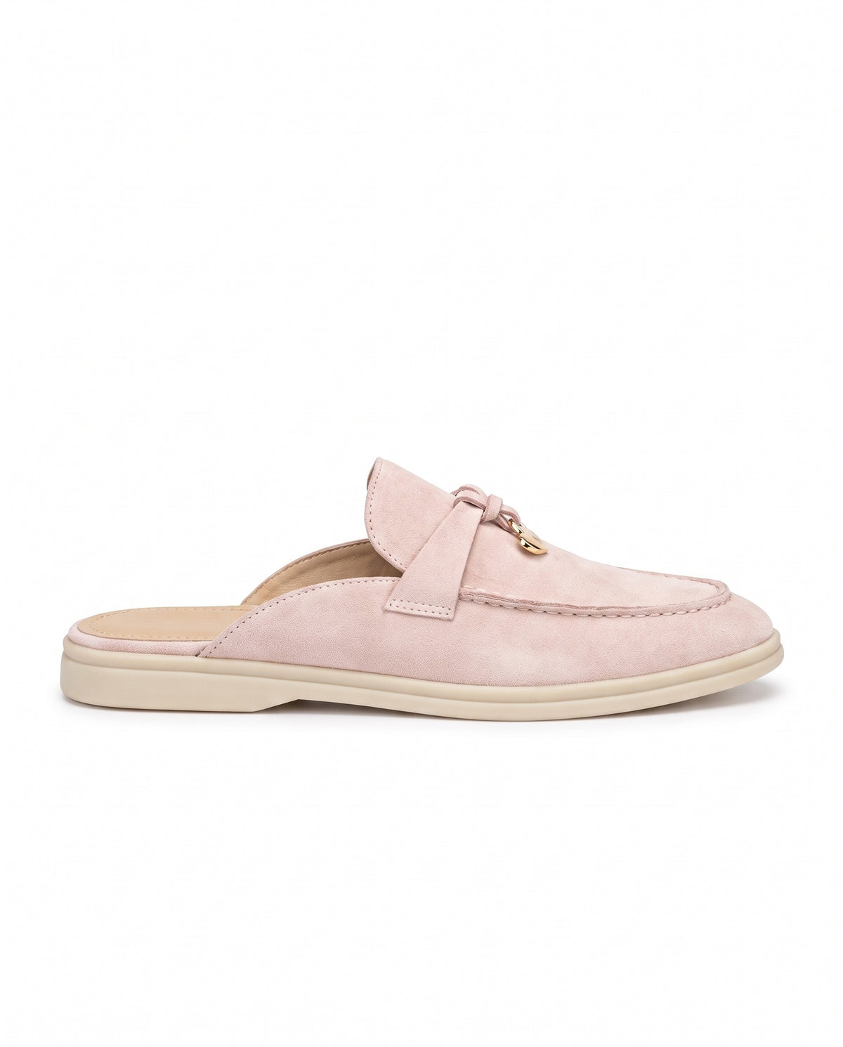 Belugga women’s mule in blush pink suede, knotted strap with gold charm
