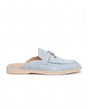 Belugga women’s mule in sky blue suede, knotted strap with gold charm