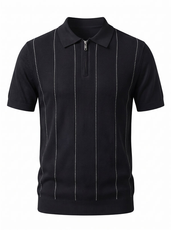 Pinstripe Zip Knit Polo — Black