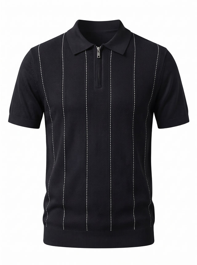 Pinstripe Zip Knit Polo — Black