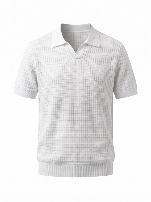 Grid Knit Open-Collar Polo — White