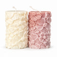 Floral Pillar Candles – ivory and dusty mauve pillar candles with raised flower pattern