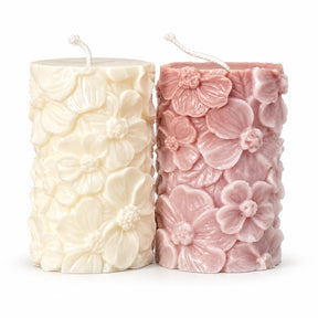 Floral Pillar Candles – ivory and dusty mauve pillar candles with raised flower pattern