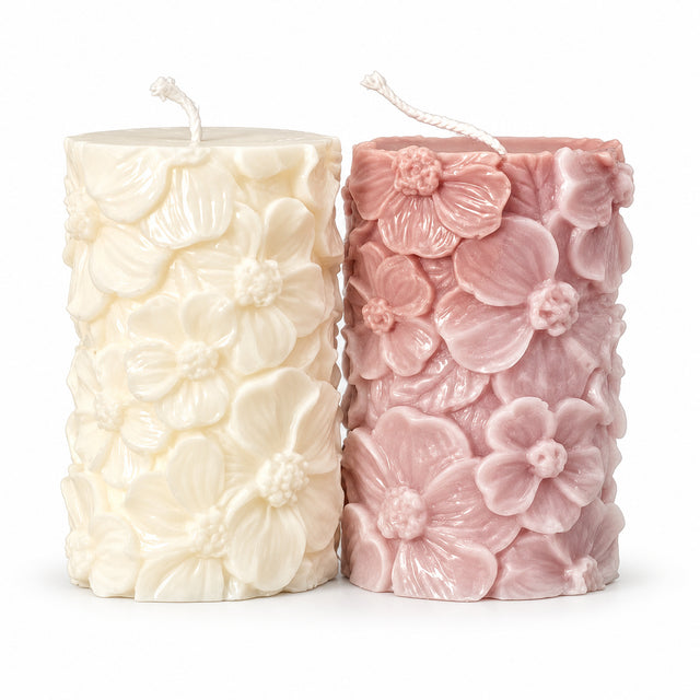 Floral Pillar Candles – ivory and dusty mauve pillar candles with raised flower pattern