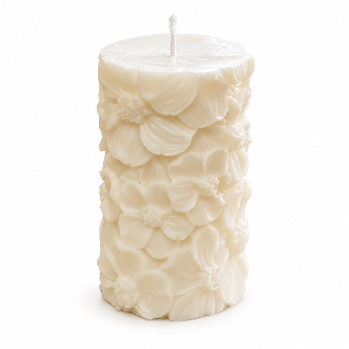 Floral Pillar Candles – single ivory pillar candle with raised flower pattern