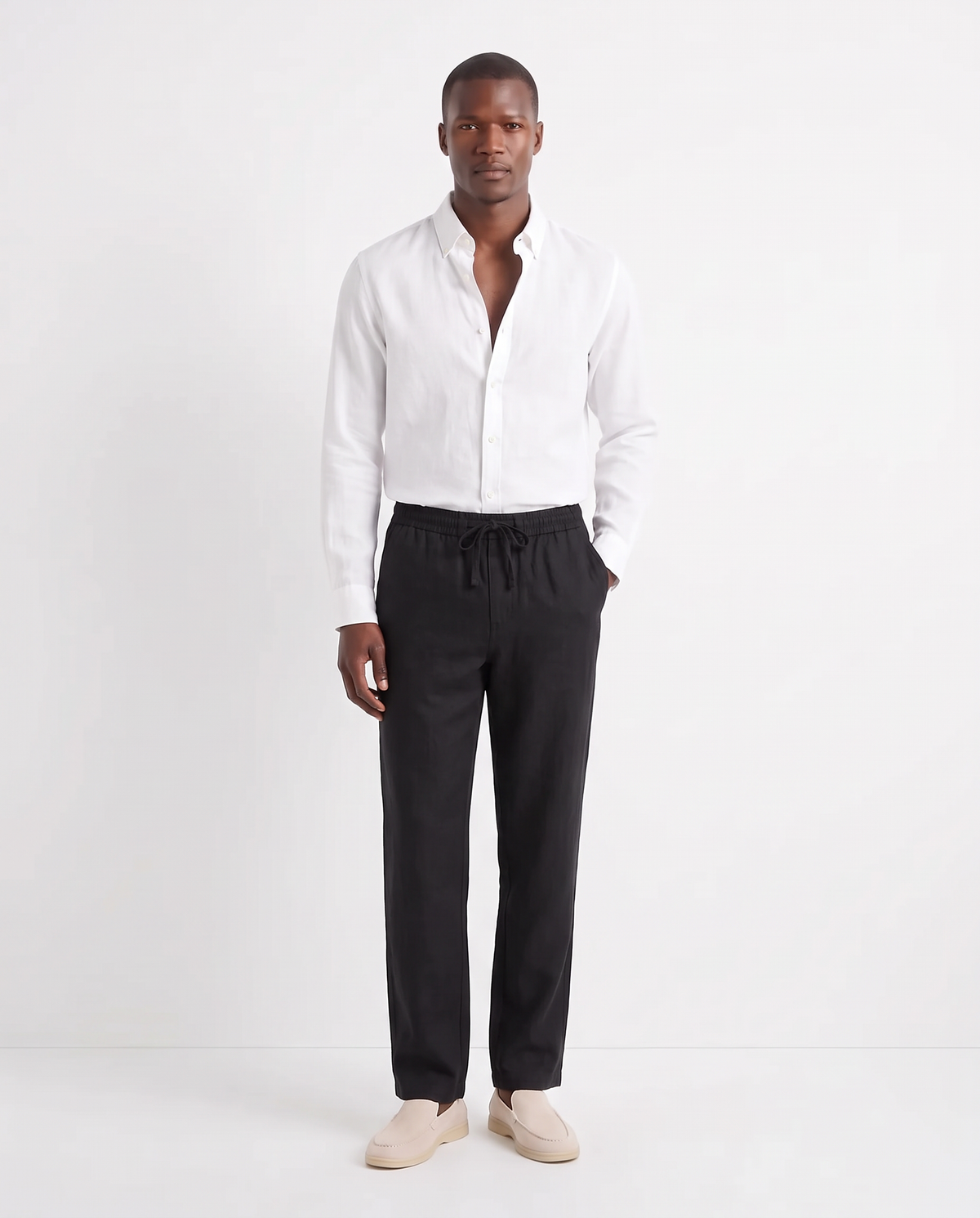 Linen Shirt — White worn tucked in, with Linen Trouser, Drawstring — Black and Terra Loafer — Cream, Beige Sole