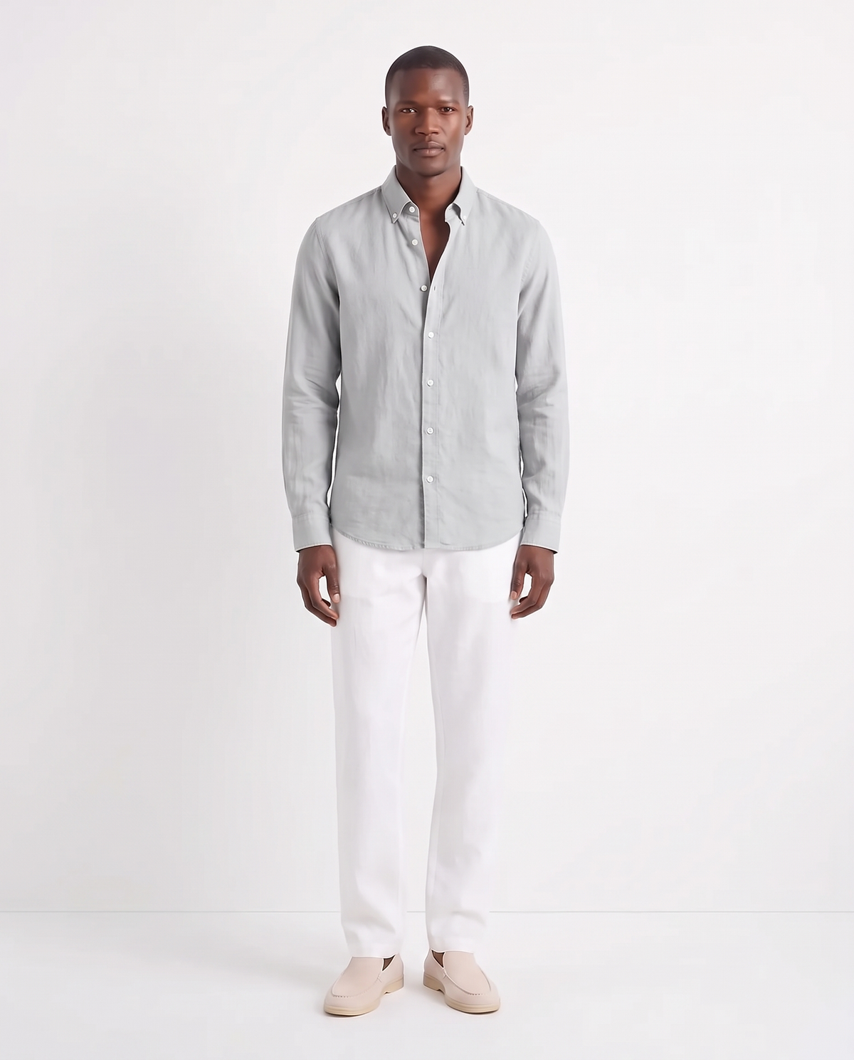 Linen Shirt — Light Grey worn untucked with the top two buttons open, with Linen Trouser, Drawstring — White and Terra Loafer — Cream, Beige Sole