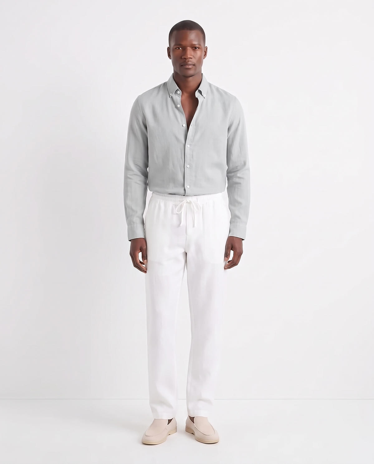 Linen Shirt — Light Grey worn tucked in, with Linen Trouser, Drawstring — White and Terra Loafer — Cream, Beige Sole