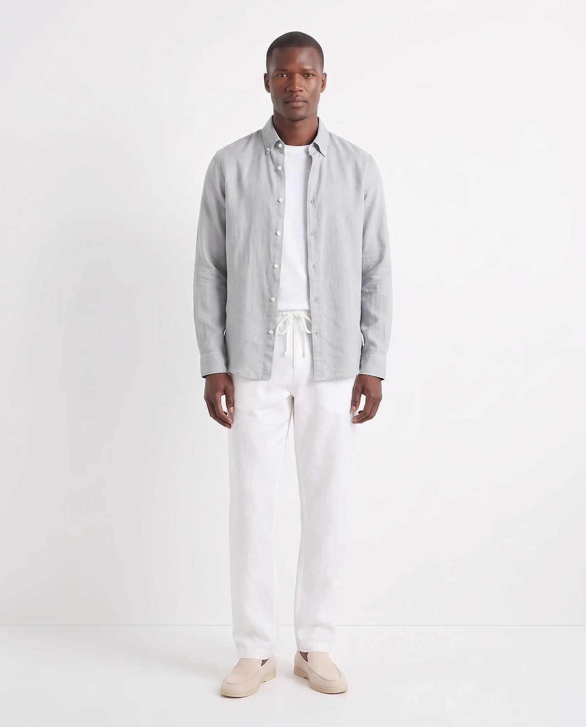 Linen Shirt — Light Grey worn open over a white tee, with Linen Trouser, Drawstring — White and Terra Loafer — Cream, Beige Sole