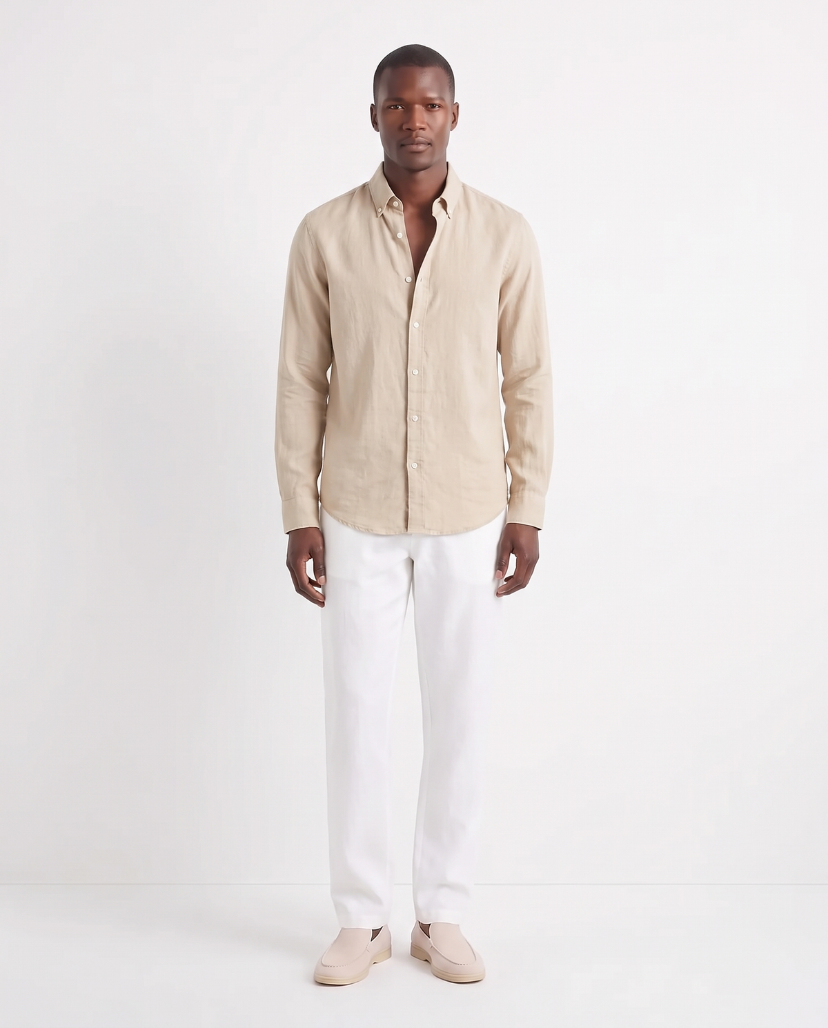 Linen Shirt — Sand worn untucked with the top two buttons open, with Linen Trouser, Drawstring — White and Terra Loafer — Cream, Beige Sole